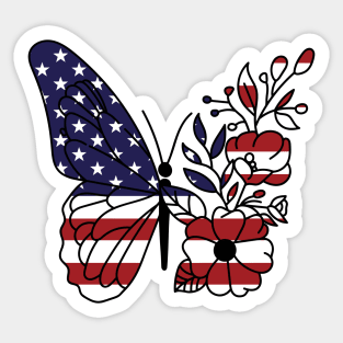 American Flag with Floral Butterfly, 4th of July Sticker